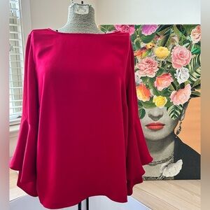 CHICO’S RED FLUTTER SLEEVE BLOUSE Sz3 Classic, elegant, skims body, day to eve.
